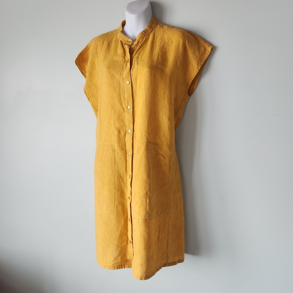 Eileen Fisher Mustard Yellow Linen Button-Front Mini Dress